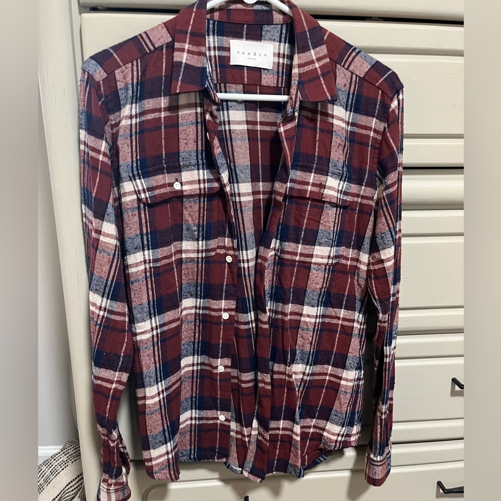 Sandro Paris Men’s flannel 100% cotton plaid shirt medium maroon and navy